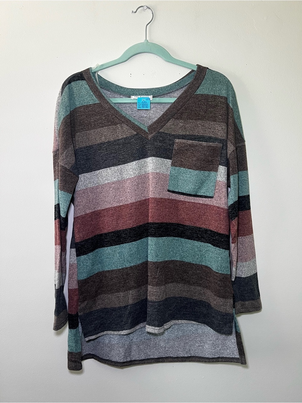 Ces Femme Teal and Gray Striped V-Neck